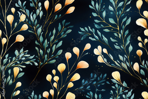 Seamless watercolor pattern with teal and orange sea weeds on black background. Design for textile, wallpaper, wrapping paper, stationery. Poster for ocean-themed interior.