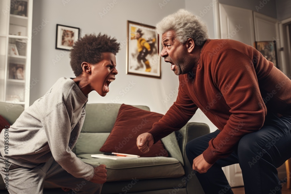 Family conflicts concept. Angry father scolds teen son. Adult man yells at boy. Rough parenting. - obrazy, fototapety, plakaty 