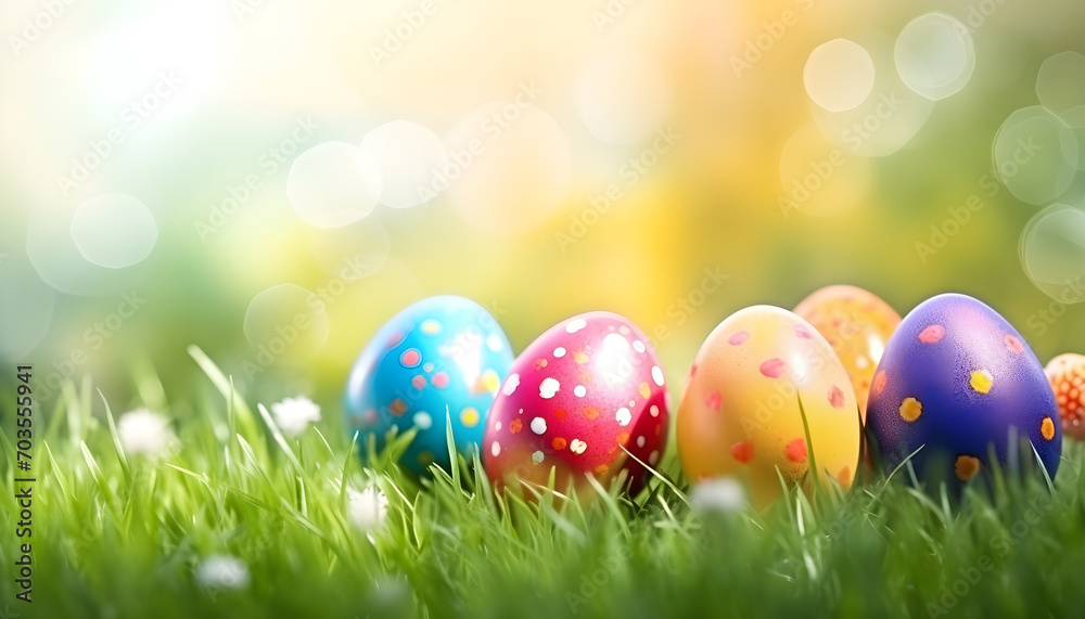 colorful Easter eggs in green grass and flowers over nature blurred bokeh background daylight colorful Easter eggs in green grass and flowers over nature blurred bokeh background daylight