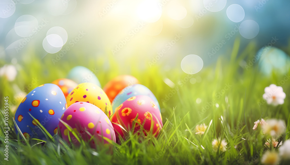 colorful Easter eggs in green grass and flowers over nature blurred bokeh background daylight colorful Easter eggs in green grass and flowers over nature blurred bokeh background daylight