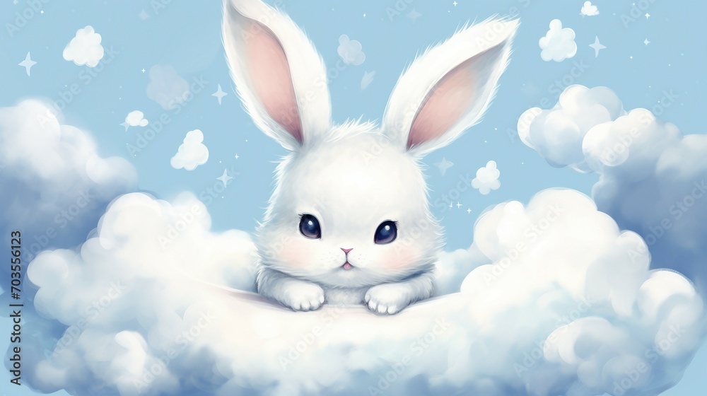 Cute white bunny sitting in the clouds. Cute cartoon vector illustration. Cute white bunny sitting in the clouds. Cute cartoon vector illustration.