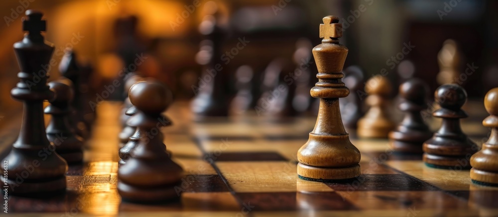 One white pawn against all black pieces on a chess board.