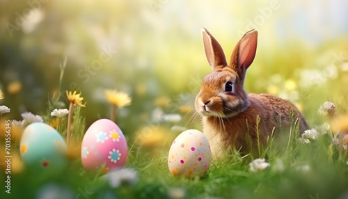 colorful Easter eggs and hare in green grass and flowers over nature blurred bokeh background daylight © Oleksiy