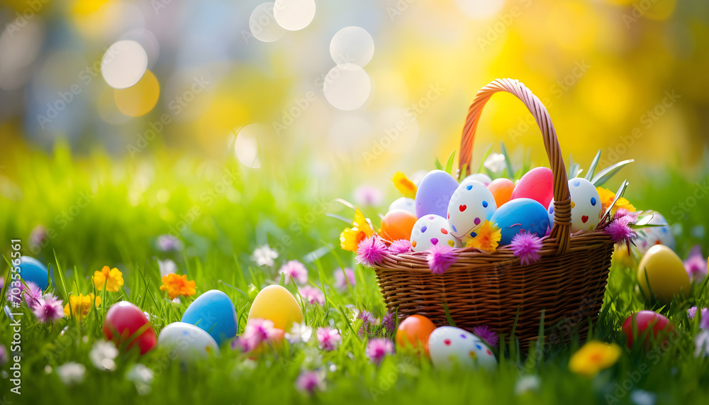 Easter basket colorful eggs in green grass and flowers over nature blurred bokeh background daylight