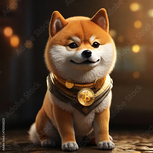 Shibu Inu and Doge are king! Bitcoin and Crypto Bull Run. Cute Akita SHibu Iny Dog with a bitcoin medal
