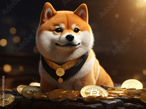 Shibu Inu and Doge are king! Bitcoin and Crypto Bull Run.  Cute Akita SHibu Iny Dog with a bitcoin medal photo