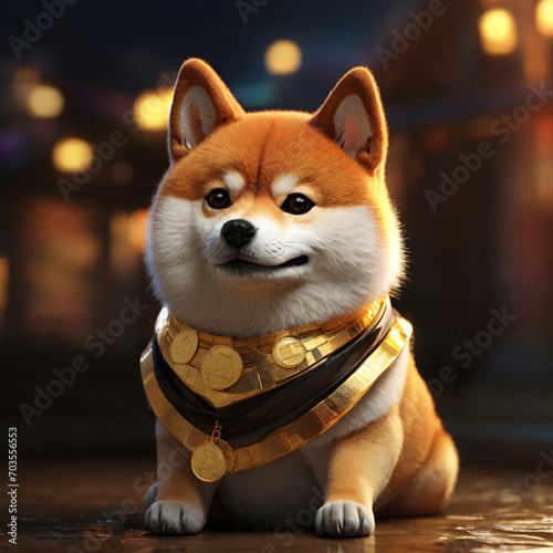 Shibu Inu and Doge are king  Bitcoin and Crypto Bull Run.  Cute Akita SHibu Iny Dog with a bitcoin medal