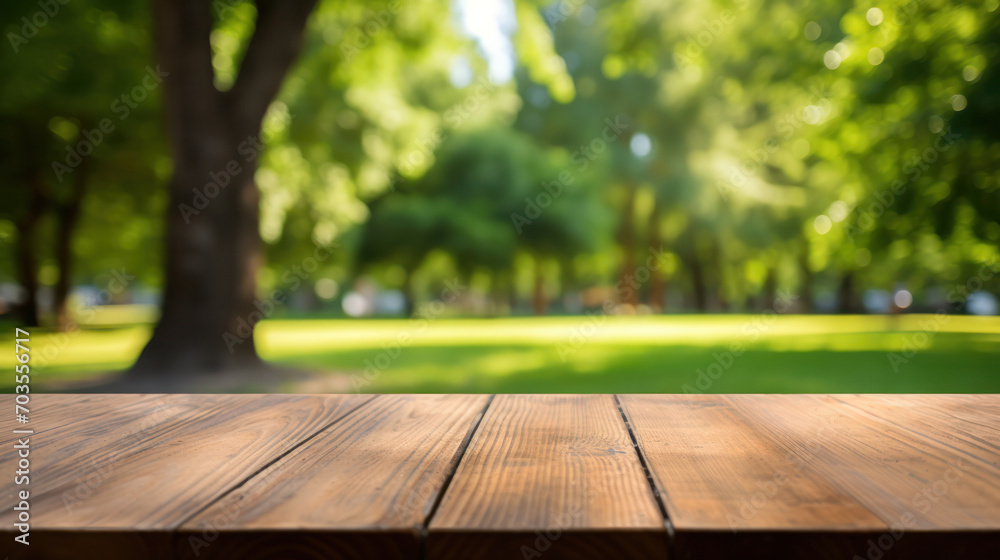 Wooden Table Set in Green Park Scenery Ideal for Nature-Related Product Presentations Wooden Table Set in Green Park Scenery Ideal for Nature-Related Product Presentations