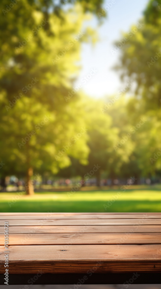 custom made wallpaper toronto digitalNature-Inspired Wood Table with Blurred Green Park Background for Product Showcasing