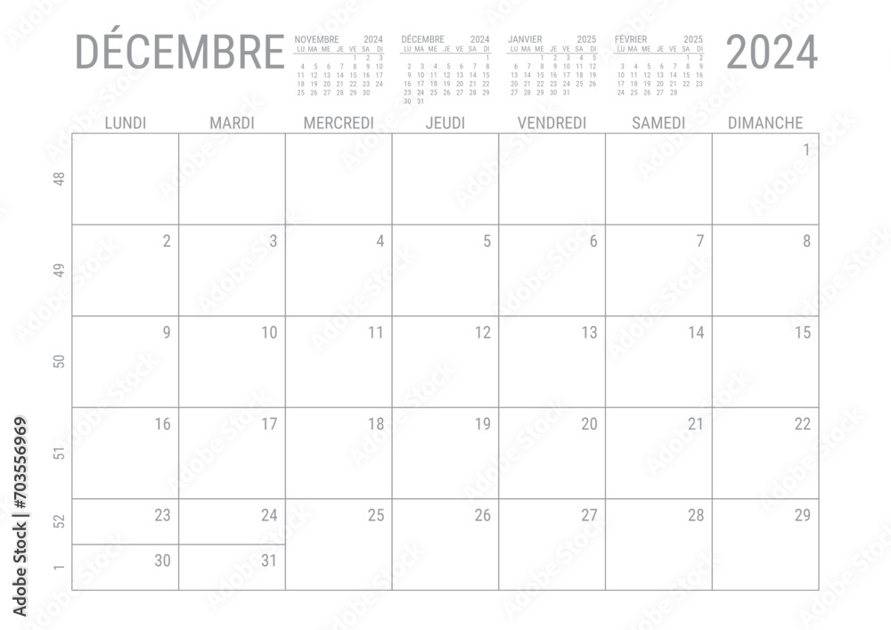 Calendrier Décembre 2024 Mensuel Planificateur avec Numero de Semaine à imprimer A4 - obrazy, fototapety, plakaty 