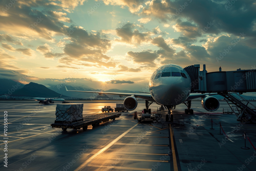 Cargo plane being loaded or unloaded with freight at a bustling airport Cargo plane being loaded or unloaded with freight at a bustling airport