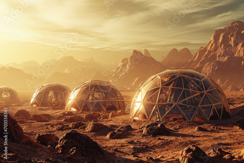 Fotografiet Colony of human settlers living in futuristic, domed habitats on the surface of