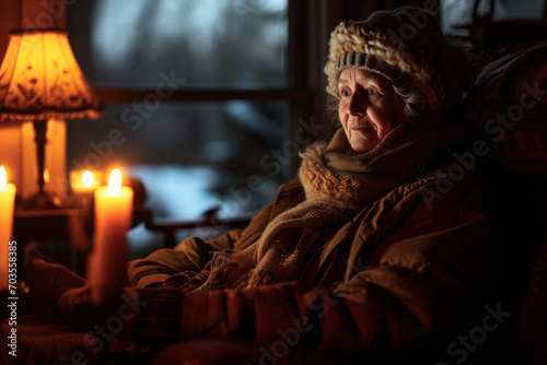 A poor woman in a winter coat, hat, scarf and gloves sits in an armchair in a cold room with no heat and electricity.