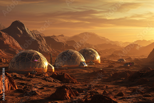 Fotografering Colony of human settlers living in futuristic, domed habitats on the surface of