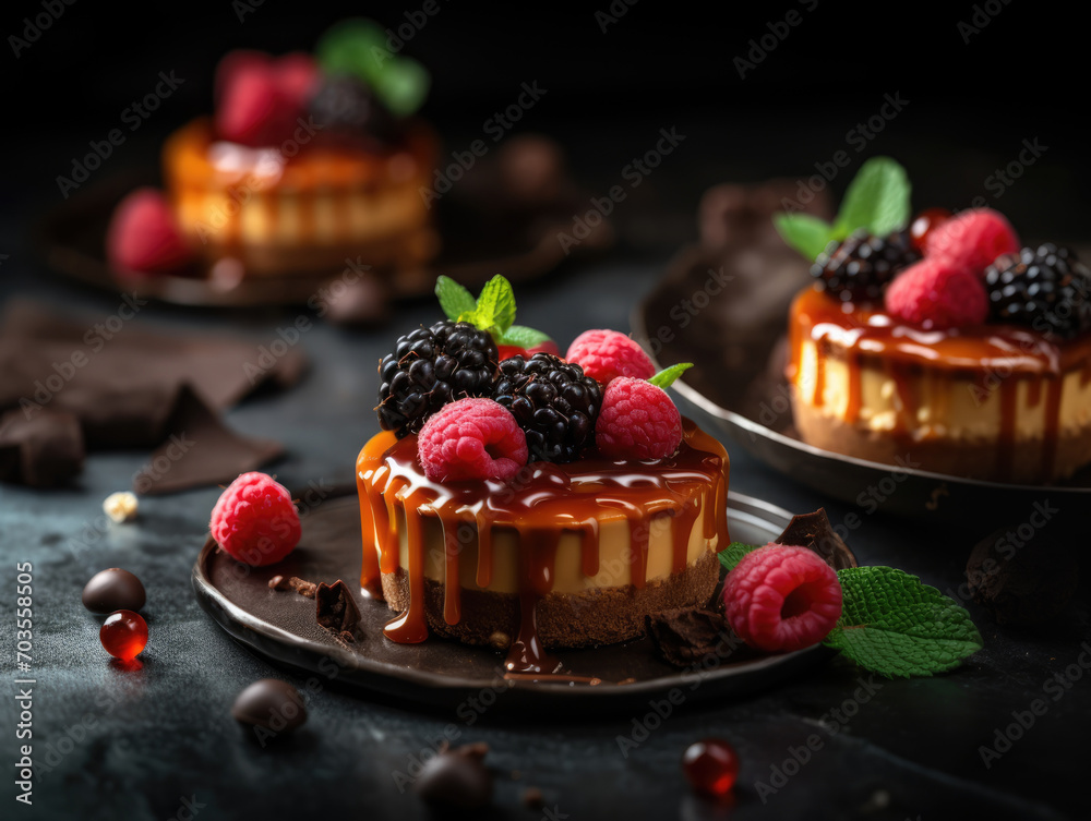 Chocolate Cake with Fresh Raspberries and Blackberries. Chocolate Dessert with fresh berries on a dark background Chocolate Cake with Fresh Raspberries and Blackberries. Chocolate Dessert with fresh berries on a dark background