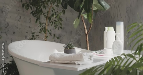 Accessories for skin and body care on white tray in modern bathroom. Side view of cotton towel, beauty care treatment with succulent plant on clean table, in slow motion. Concept of wellness, spa.