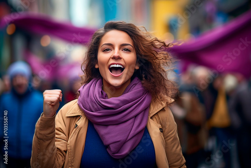 Young Latina feminist at an open-air March 8 demonstration in the city streets. Women's rights, women's day concept. Generative AI.