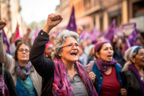 Senior latin feminist woman raising her fist at an open-air March 8 demonstration in the city streets. Women's rights, women's day concept. Generative AI photo