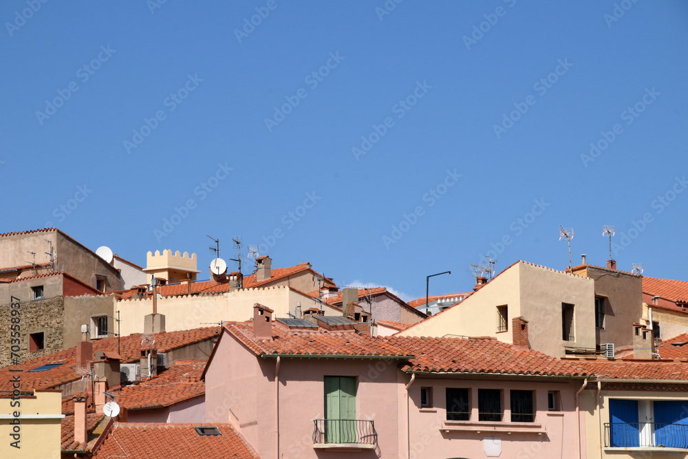 The town of Collioure in France: beautiful cityscape with roofs and chimneys