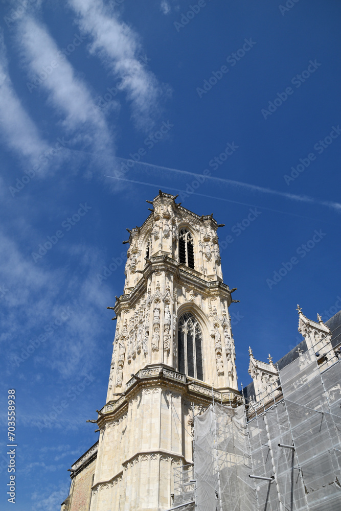 Blue sky and old tower of the Nevers Cathedral (France)