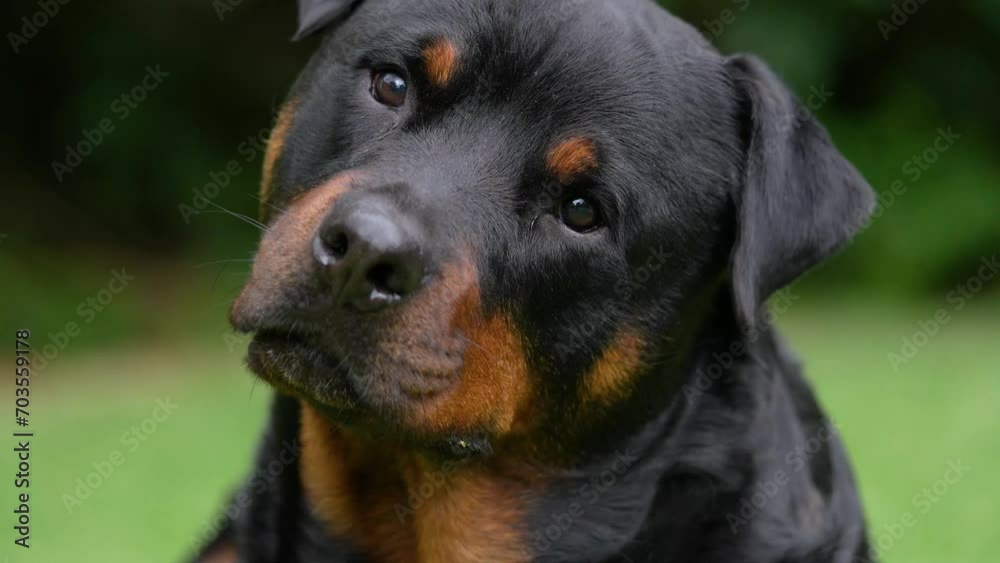 A4k video of a Pedigree Rottweiler dog twisting its head questioning what he is hearing. taken in soft overcast lighting just before a storm A4k video of a Pedigree Rottweiler dog twisting its head questioning what he is hearing. taken in soft overcast lighting just before a storm