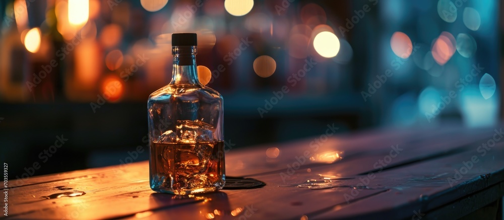 Alcohol bottle on desk, focused and blurred Alcohol bottle on desk, focused and blurred