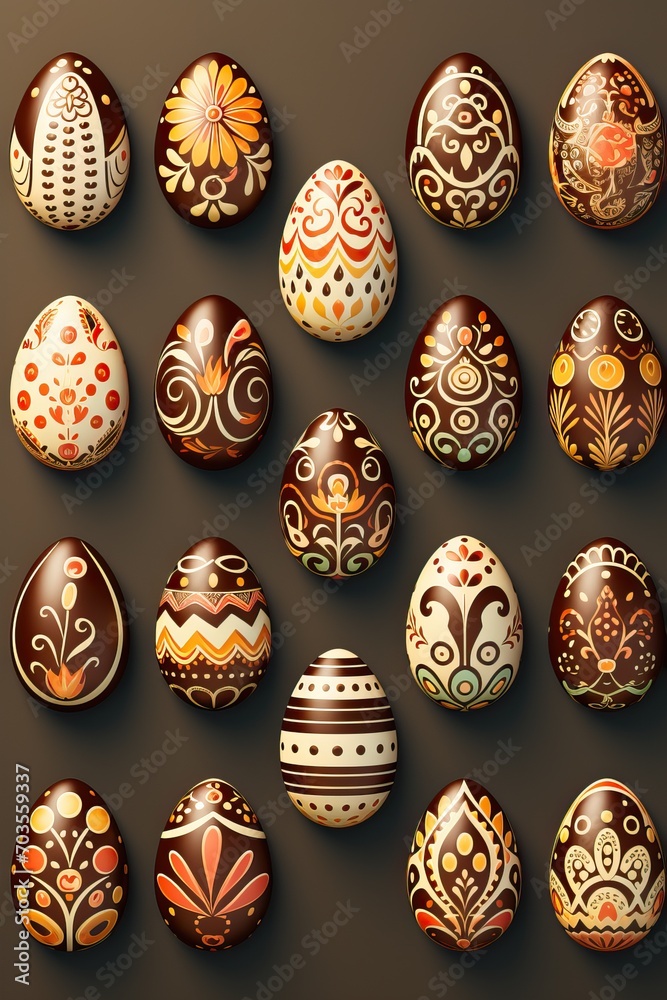 Easter set chocolate ornate eggs on gray background