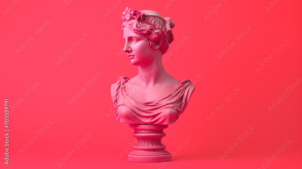 Antique sculpture of a female head on a vibrant pink red background, perfect for use in artistic or abstract visual content.