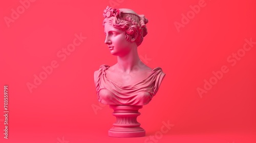 Antique sculpture of a female head on a vibrant pink red background, perfect for use in artistic or abstract visual content.