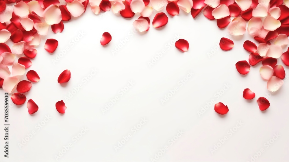 A heart shape crafted from red and pink rose petals on an isolated white background. A classic symbol for weddings, love, and Valentines Day. Banner with copy space