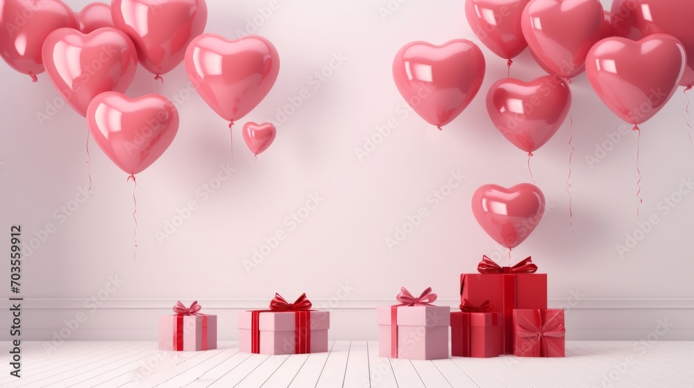 Pink heart balloons float above gift boxes with red ribbons against a white wall. Ideal for Valentines Day or romantic surprises. Banner with copy space
