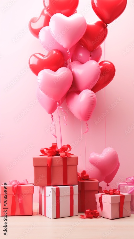 Heart-shaped balloons in various shades of red and pink, floating above a selection of gift boxes. Ideal for use in Valentines Day promotions or romantic event decorations. Vertical