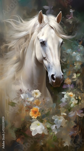 Majestic white horse with a flowing mane, surrounded by vibrant yellow and white flowers. Illustration in style of oil painting, rough brush strokes. Ideal for decor or art collections. Vertical.