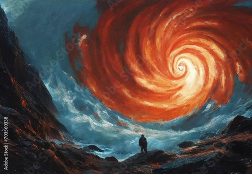 a painting picture of a man standing in front of a red and blue swirl. High quality footage photo