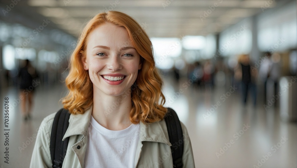Joyful redhead woman with a beaming smile, standing in an airport terminal, wearing a light beige jacket and white shirt. Joyful redhead woman with a beaming smile, standing in an airport terminal, wearing a light beige jacket and white shirt.