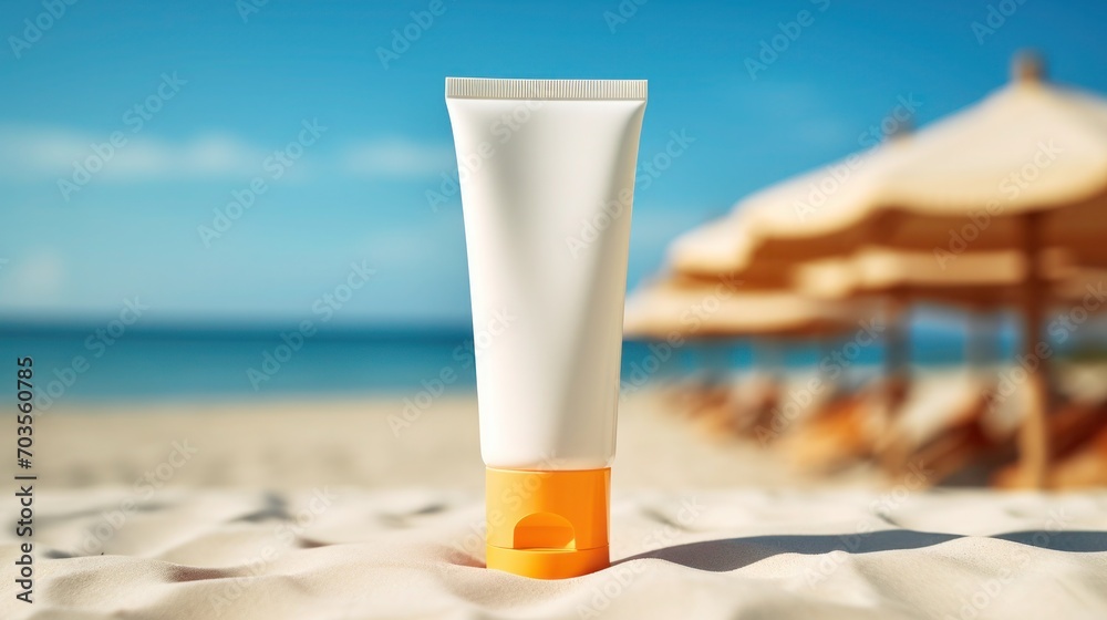 Sunscreen on summer beach with coast ocean background, cosmetic product mockup, Copy space