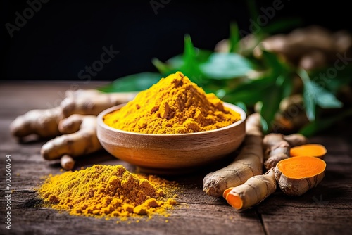 Alternative medicine, antioxidant food and herbal remedy concept theme with macro close up on supplement pill of curcumin or turmeric with a heap of the spice in dry powder form in the background