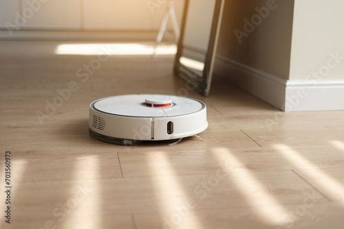Round wireless autonomous robotic vacuum cleaner on wooden floor with sunlights. Household remote control appliances. Smart cleaning technology. Self-propelled cleaning robot. Floor cleaning system photo