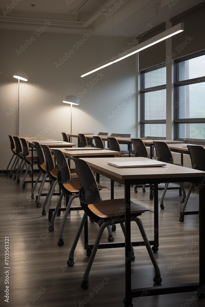 Photo of contemporary classroom with single person desks and single chairs with cold office light and single desks and tablets on each desk