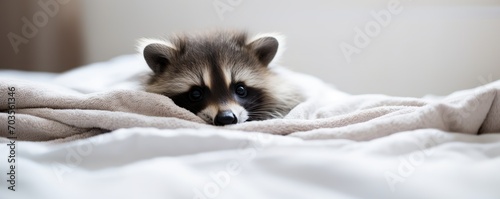 Cheerful cute racoon lying on white blanket. Funny forest animal character with funny face dreaming in bed at home. Exotic domestic pet concept photo