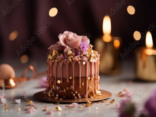 Birthday Cake. Chocolate Cake with fflowers and candles on a table photo