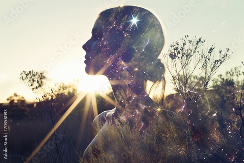 Double exposure of a profile of a woman, and bushes and flowers - AI Generated