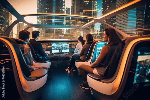 Passengers enjoying a ride in a driverless taxi photo