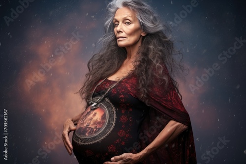 This captivating image portrays the strength and beauty of a pregnant woman in her 50s. Her serene expression radiates wisdom and maternal love as she cradles her baby bump.