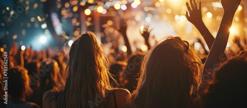 Young female friends enjoying concert show during summer music festival with cheering crowd.
