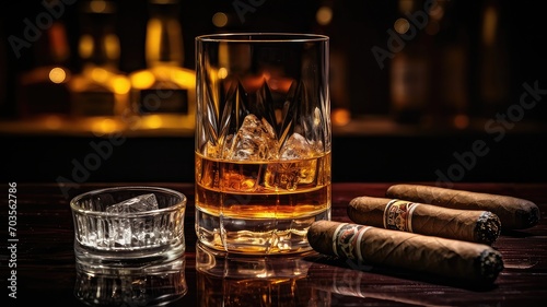 Cigars and whiskey glass on bar counter top with reflections