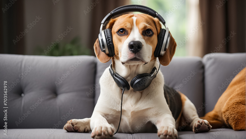 cute beagle dog wearing headphones in the room