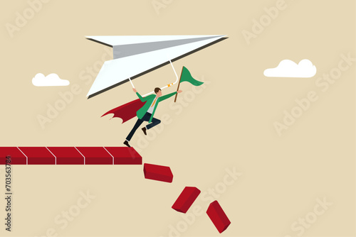 Business or situational intelligence, solutions to crises, survival during crises, courage or taking risks to achieve a goal, businessman jumping and flying from a collapsing bridge