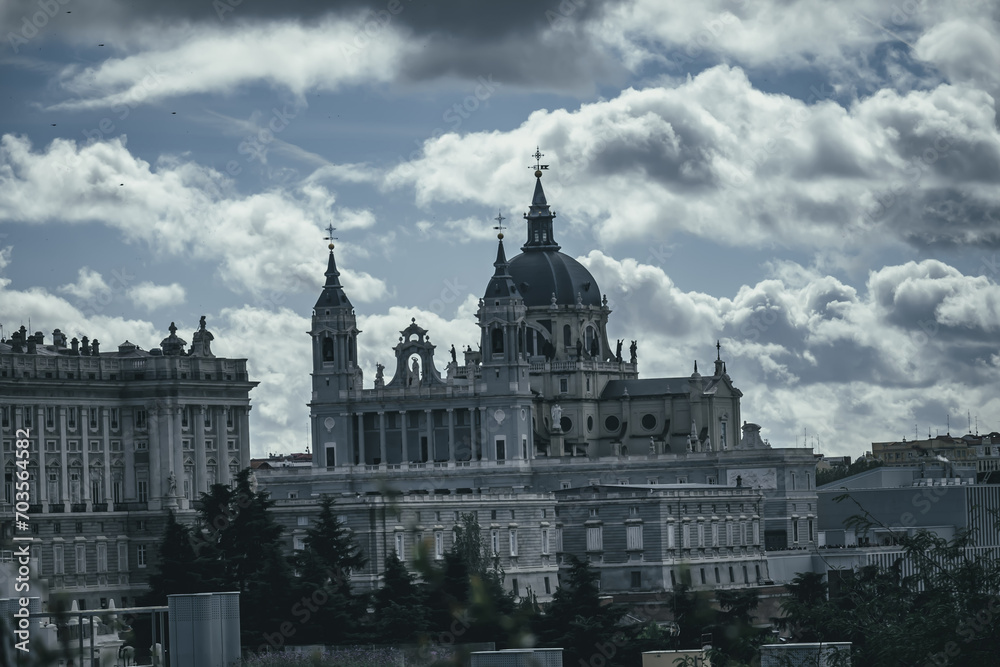 Obraz premium Exterior view of colorful historic buildings in the center of Madrid, from different angles, traditional street scene in Madrid European Spain