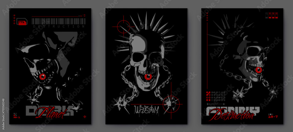 Retro futuristic posters skulls from different angles, Geometric objects and graffiti inscriptions, isolated Vector work